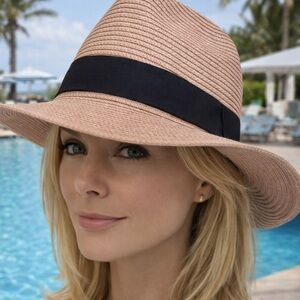 ❤️ Blush Wide-Brim Fedora Style Sun Hat with Black Band